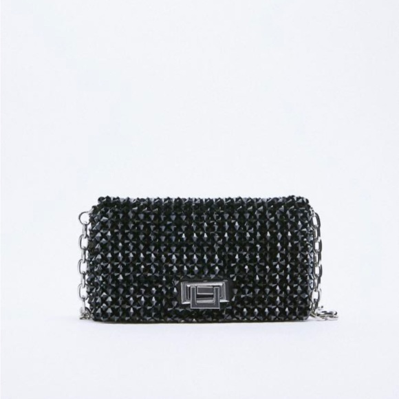 Zara Handbags - Zara Black Beaded Crossbody bag with Silver Chain